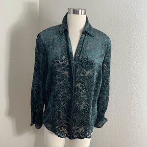 Coldwater Creek Womens Petite Large Paisley Crushed Velvet Button Up Blouse